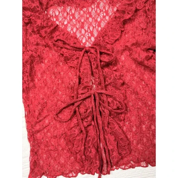 Thirty Thirty LA Red Lace Ruffle Tie Front Top Bell Sleeve Sheer Coquette NWT - Picture 7 of 15